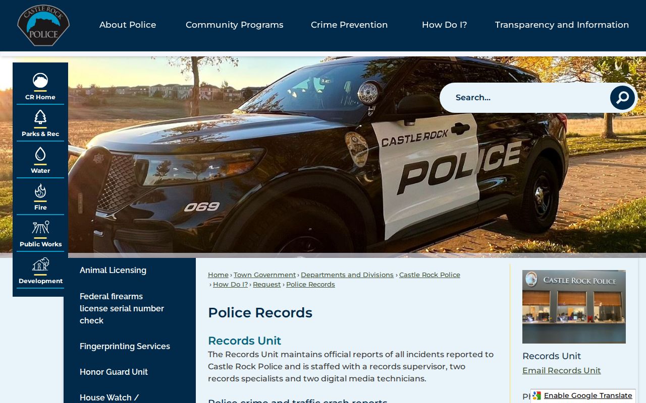 Castle Rock Police records page for Douglas County arrest and booking requests