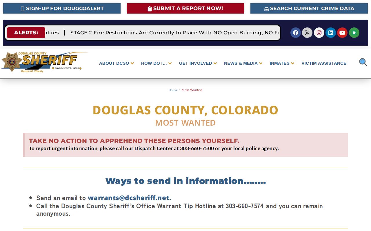 Douglas County Sheriff's Office wanted fugitives landing page