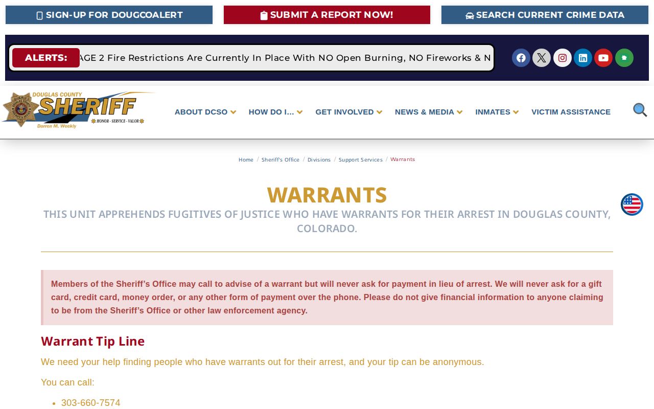 Douglas County Sheriff's Office warrant check and scam warning page