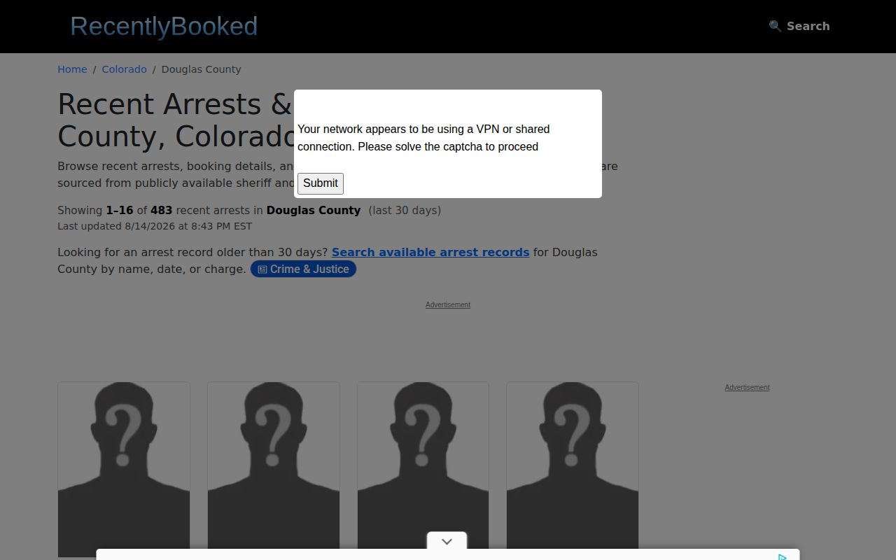 Unofficial RecentlyBooked Douglas County arrest record feed without confirmed mugshots