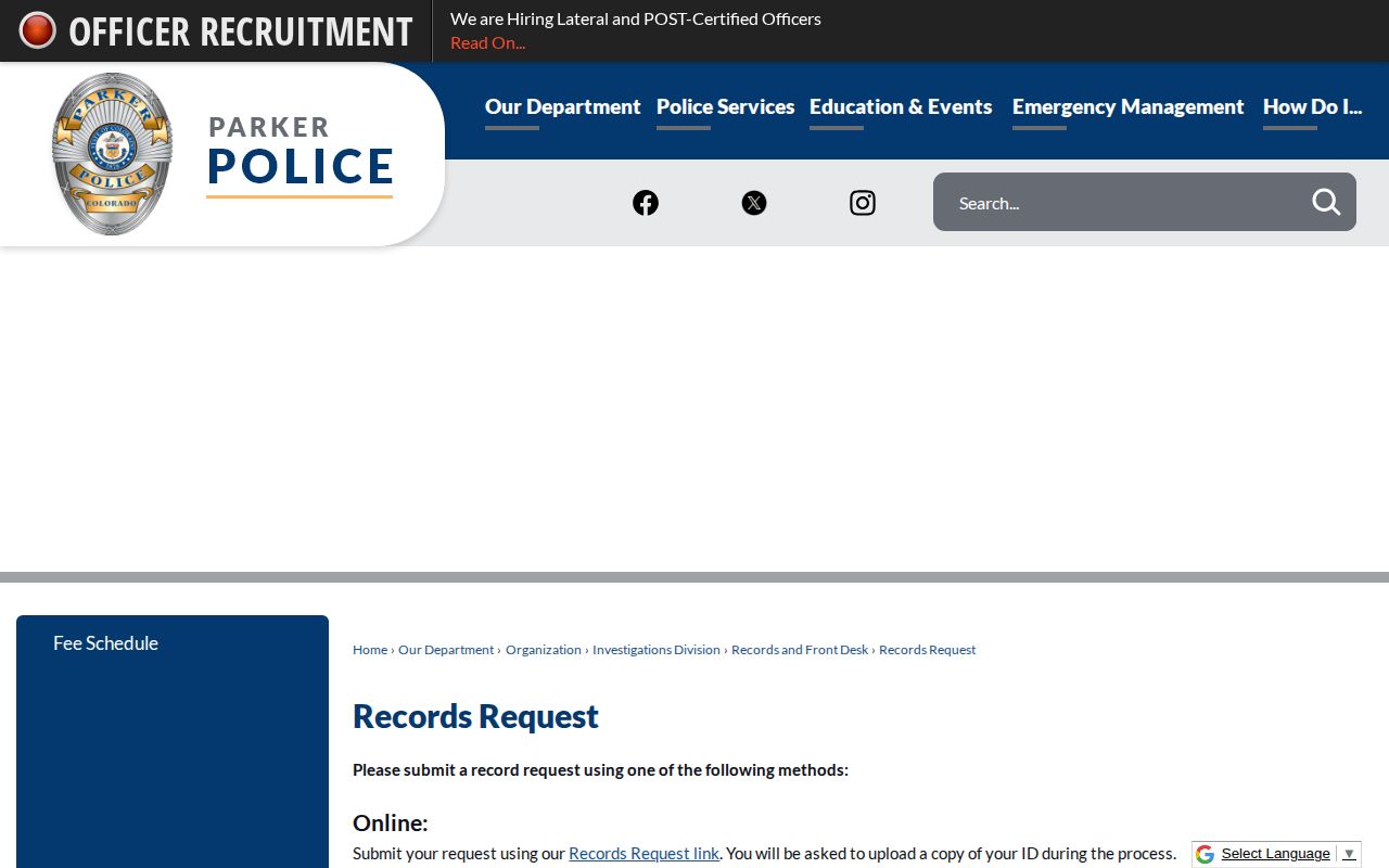 Parker Police records request page for Douglas County arrest records and photographs